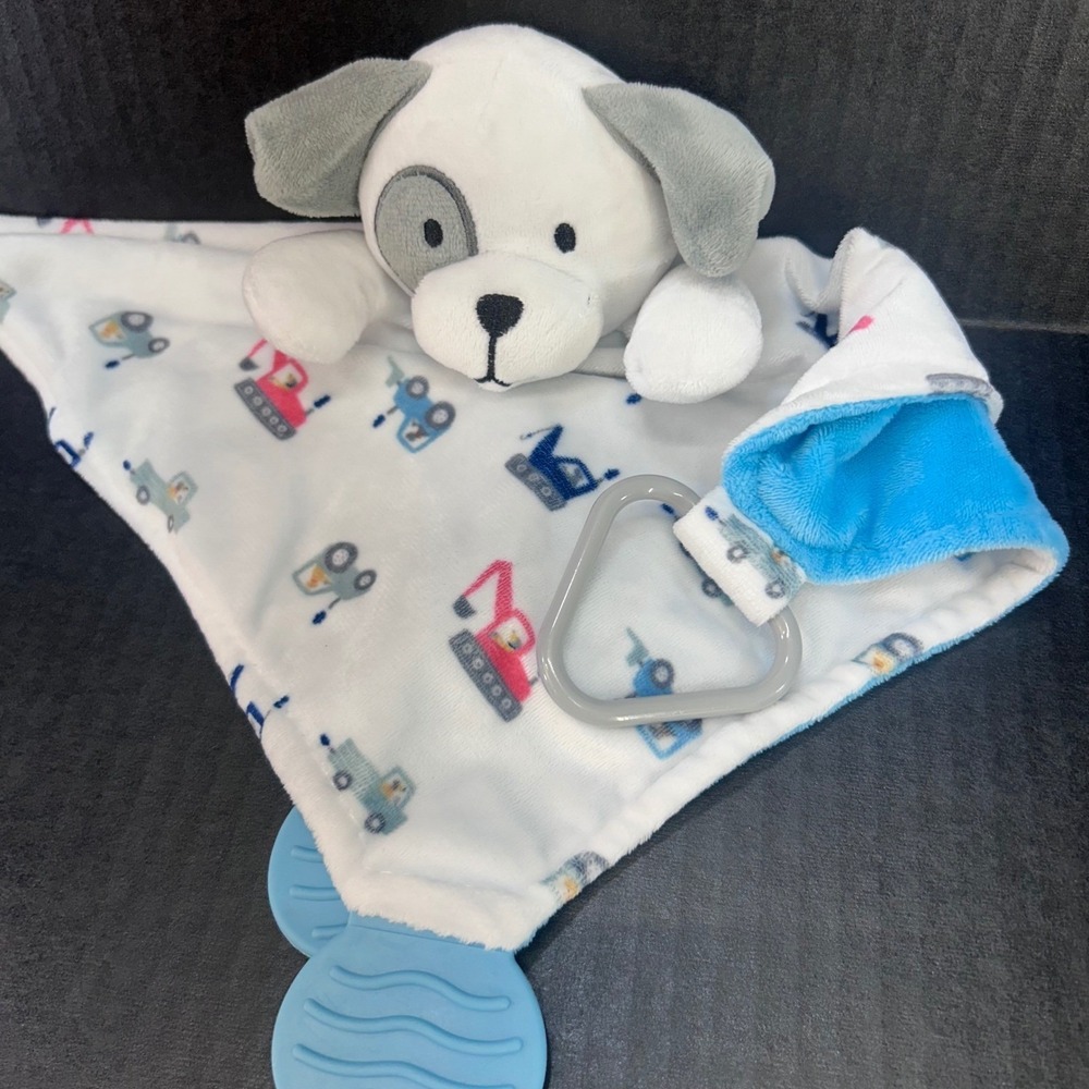 Construction Puppy Kids White Modern Baby Lovey Rattle Teether Blanket OS